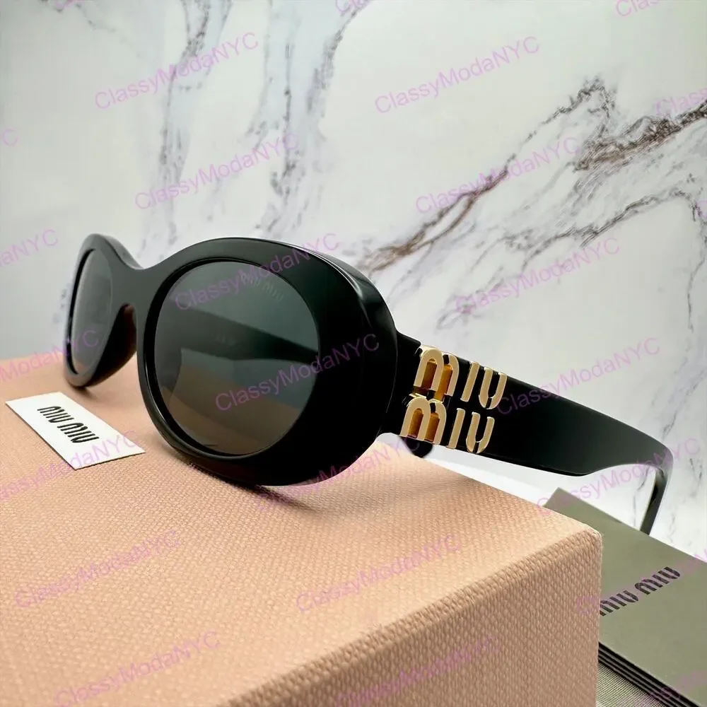 New MIU MIU Sunglasses Black Acetate Oval Gold Metal Logo Authentic Italy